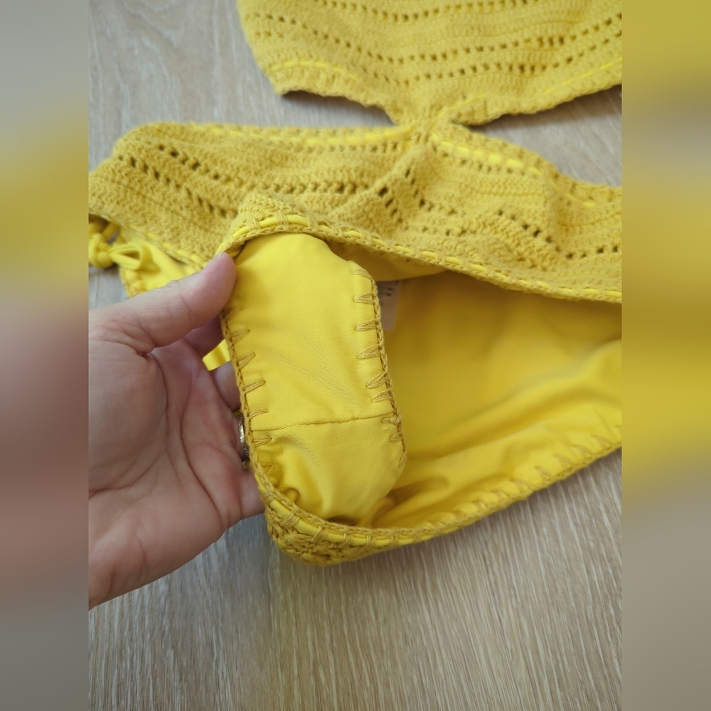 WET Lane Saffron Crochet Cutout Mustard Yellow Swimsuit One Piece XS, S $198 - Picture 2 of 8
